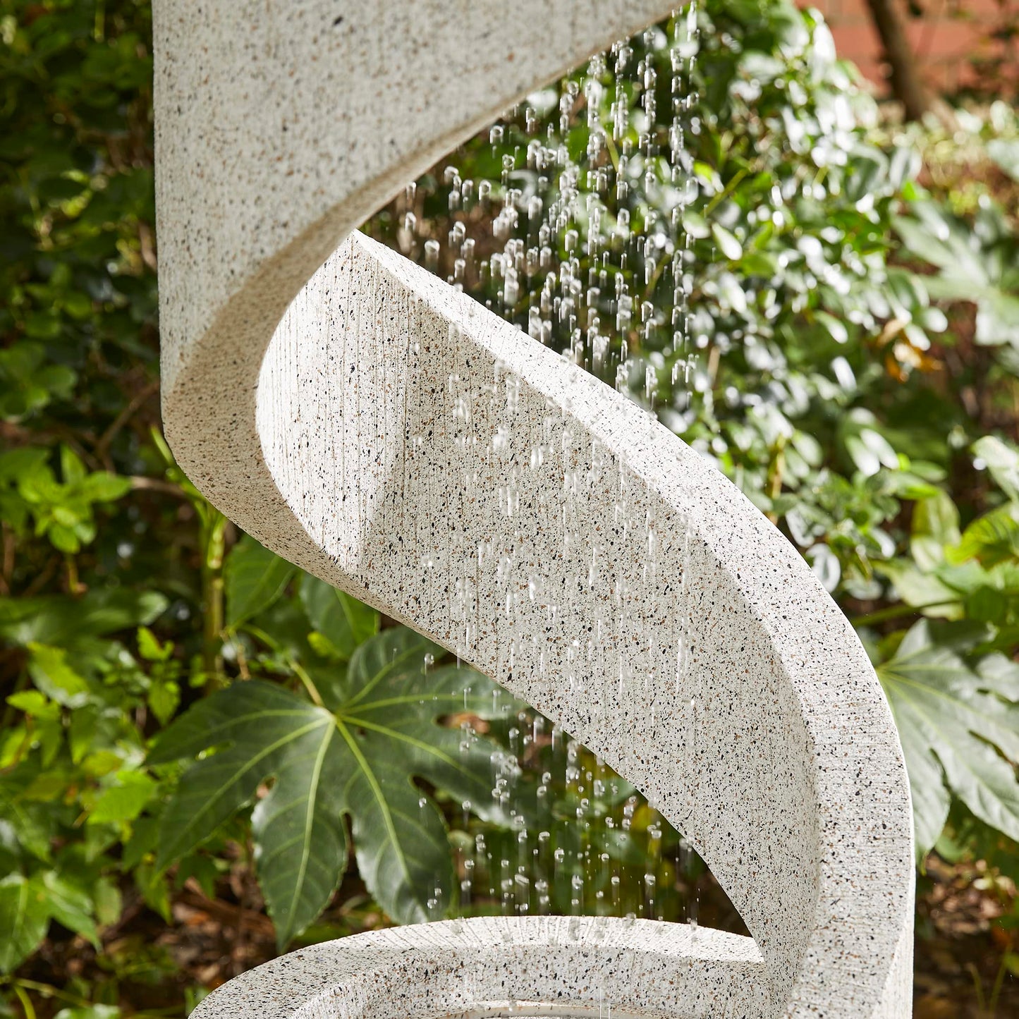 Glitzhome Outdoor Water Fountain with LED Light, Modren Curved Waterfall Fountain with Stone Planter, Faux Terrazzo Spiral Shaped Outdoor Fountains Water Feature for Garden Patio Deck Porch, 40.25”H