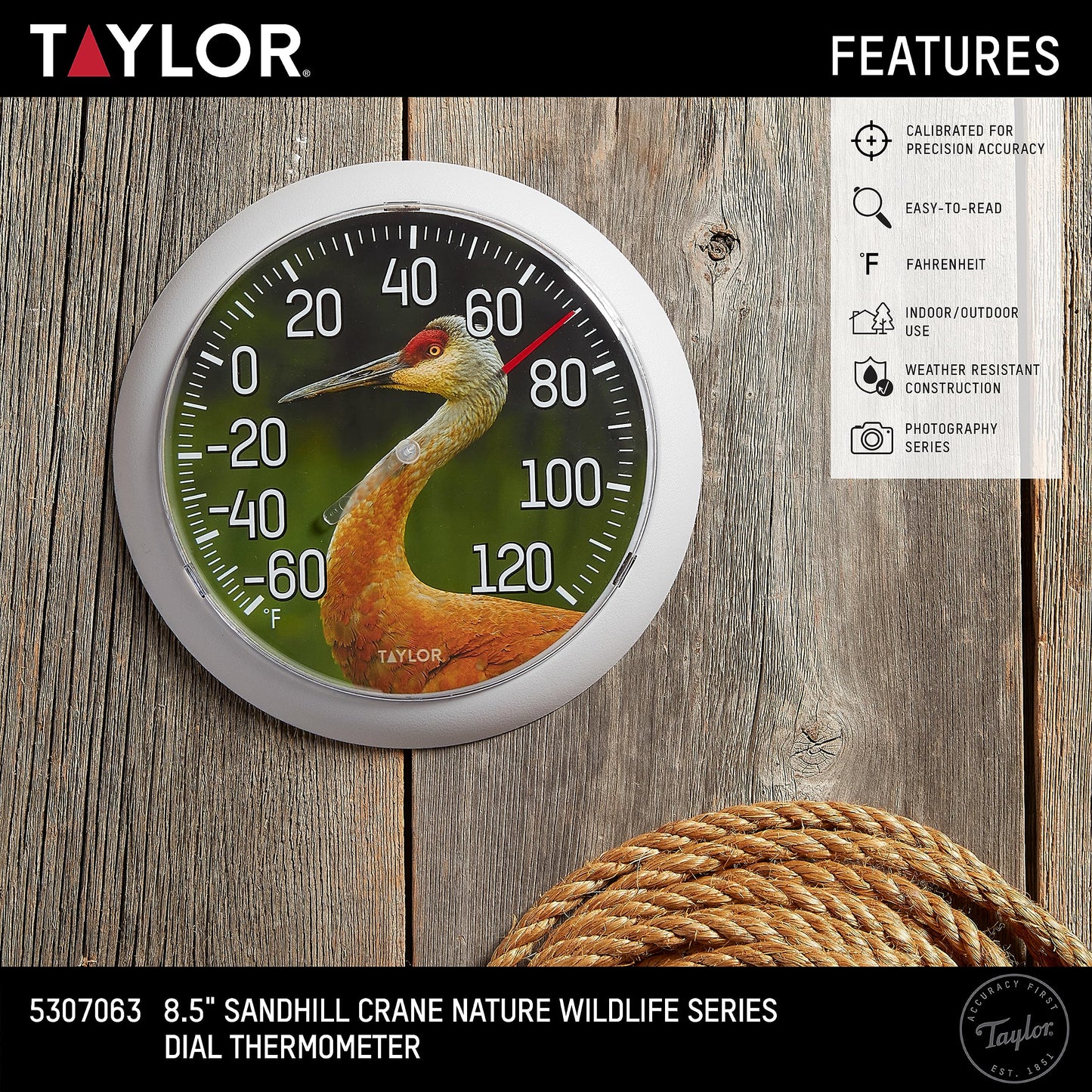 Taylor Nature Series Sandhill Crane Indoor Outdoor Dial Thermometer, Easy to Read Wall Decor for Patio, Pool, Yard, Garden or Garage, 8.5 Inch, Gray Bezel