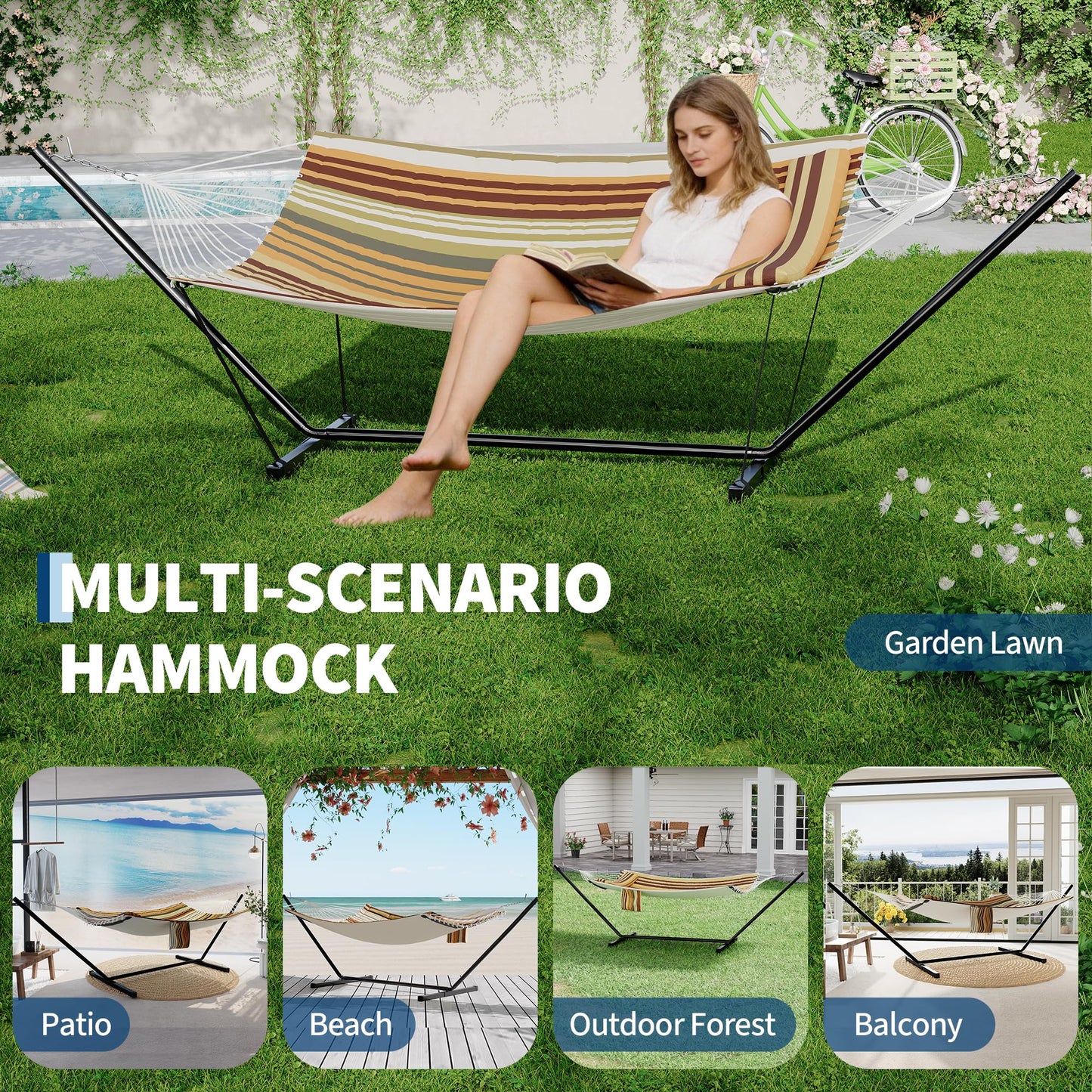 Garvee 2 Person Hammock with Stand for Outside, Double Hammock with Stand and Pillow, Max 450 Lbs Capacity with Balance Rope, Large Hammock for Outdoor Patio Backyard Poolside