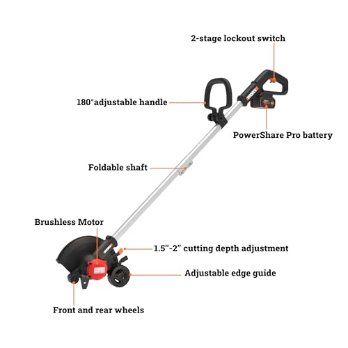 WORX Nitro Cordless Lawn Edger, 7'' Grass Edger with 3 Depth Settings, 20V Trencher with Dual Wheels & Brushless Motor, 4.0 Ah Battery & Charger Included, WG898