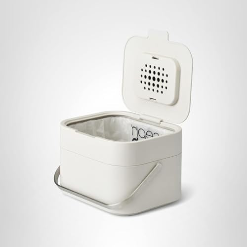 Joseph Joseph Stack Kitchen Food Intelligent Waste Compost Caddy Recycling Bin with Odor Filter, 4 Litre / 1 Gallon - Stone