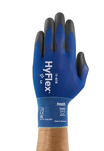 Ansell HyFlex 11-618 Ultra-Thin Industrial Safety Work Gloves for Auto, Machinery, Equipment, Fabrication - Size 9, Blue/Black (Pack of 12)