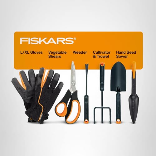 Fiskars Vegetable Gardening Essentials 6-Piece Tool Set for Cultivating, Serrated Stainless Steel Shears & 4-in-1 Seed Sower for Planting, Rust-Resistant Steel Trowel, Cultivator, Weeder, L/XL Gloves