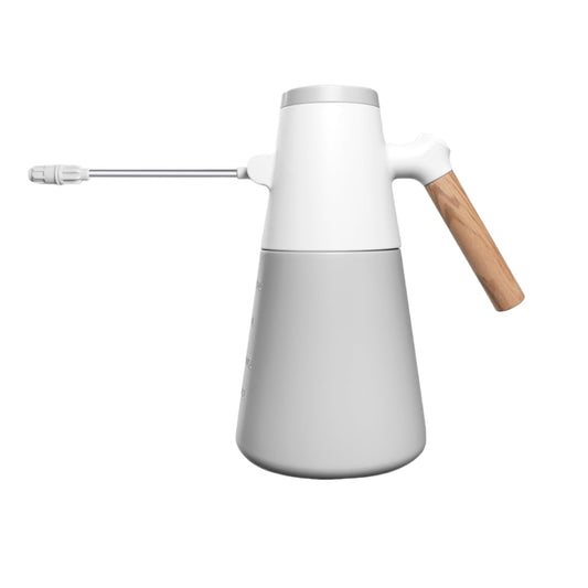 Electric Plant Mister with 180° Adjustable Long Nozzle, 2 Spray Modes, Battery Operated Garden Sprayer for Indoor Outdoor Plants – Minimalist White Design with Wood Grain Handle