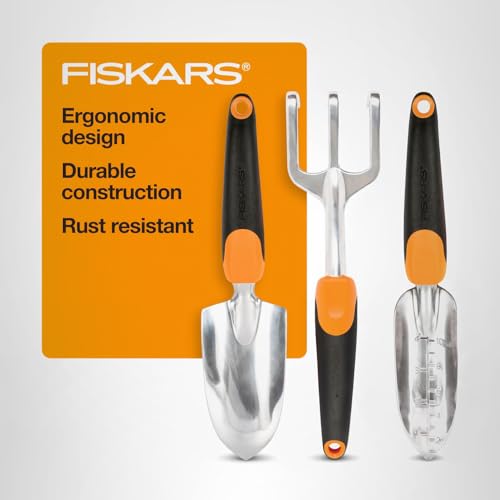 Fiskars 3-in-1 Garden Tool Set, Polished Cast-Aluminum Heads for Rust Resistance, Heavy-Duty Trowel, Transplanter & Cultivator for Digging and Planting, Non-Slip SoftGrip Handles Reduce Fatigue