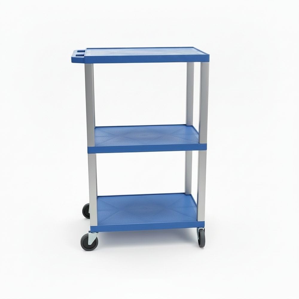 LUXOR UCPL1BU-N 42"H 3-Shelf Utility Cart - Blue Shelves, Nickel Legs