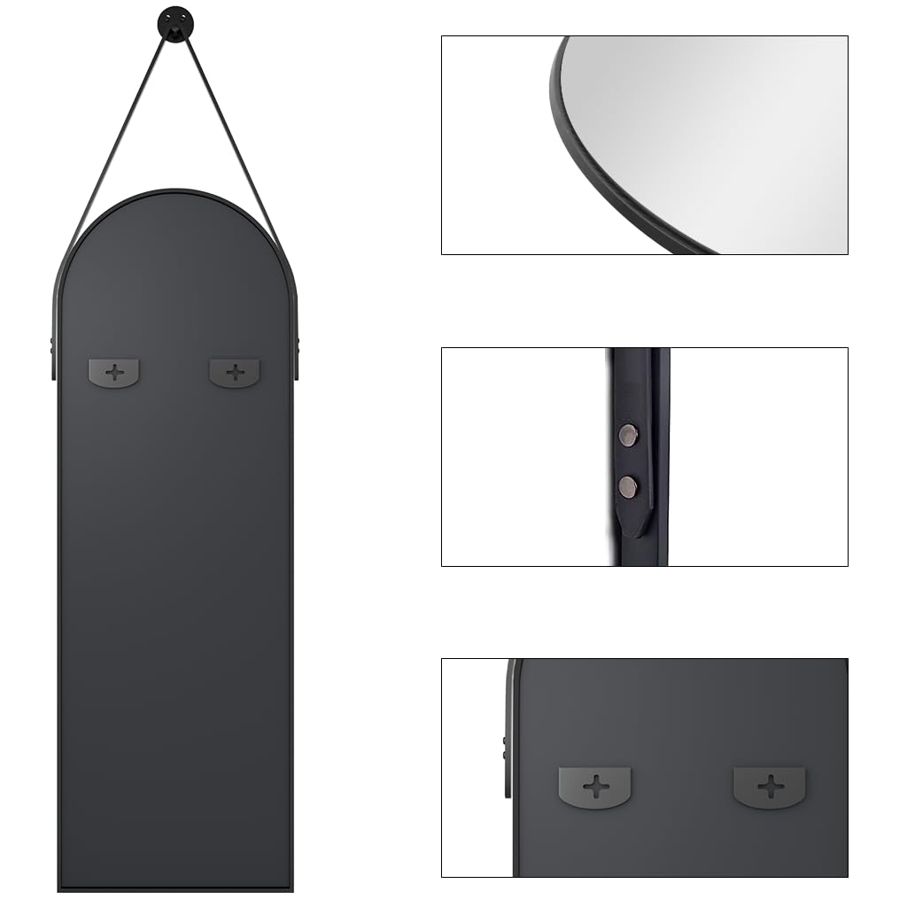 OGCAU 16''x48'' Arched Full Length Mirror for Wall, Full Body Arched-Top Hanging Mirror or Wall Mounted in Bedroom, Living Room, Aluminum Alloy Frame with Straps (Black)