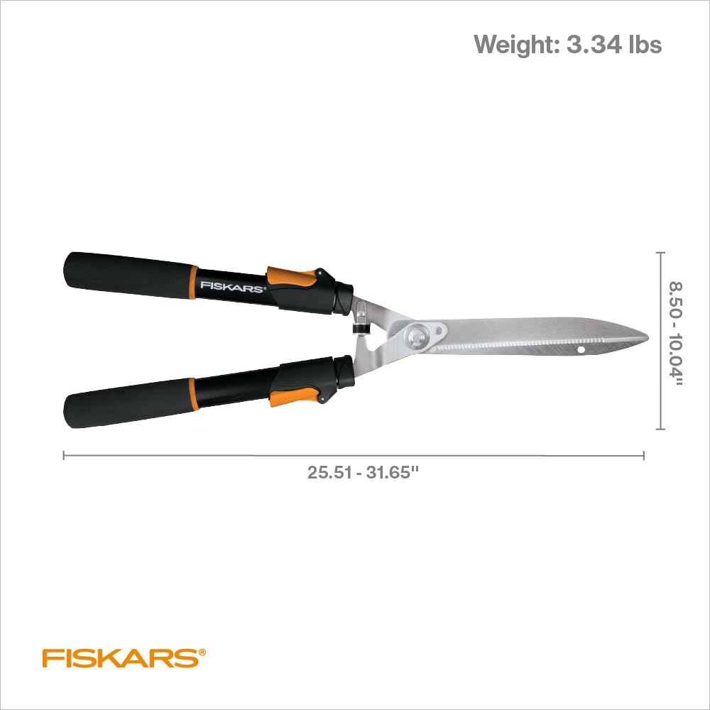 Fiskars Power-Lever Extendable Hedge Shears, Self-Sharpening Serrated Steel Blades for Clean Cuts, Handles Adjust 25"-33" for High Reach, Multiplies Leverage for 2x Power, 10" Blades, Orange/Black