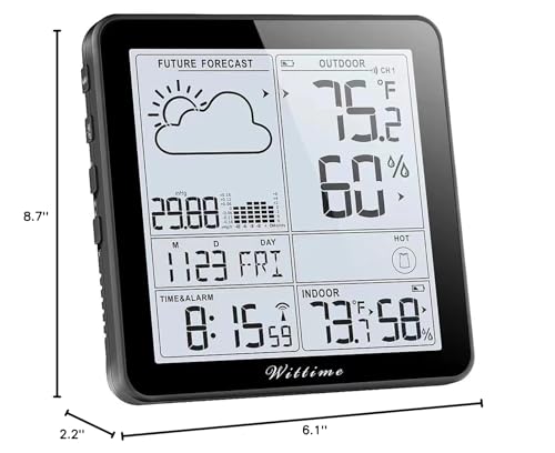 Wittime Weather Station Indoor Outdoor Thermometer Wireless Battery Powered, Atomic Clock with Indoor Outdoor Temperature Weather Clock, Dew Mold Heat Index 2180