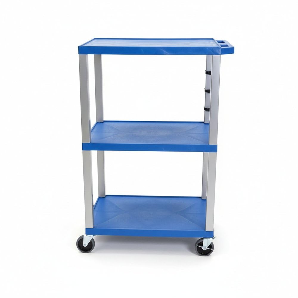 LUXOR UCPL1BU-N 42"H 3-Shelf Utility Cart - Blue Shelves, Nickel Legs