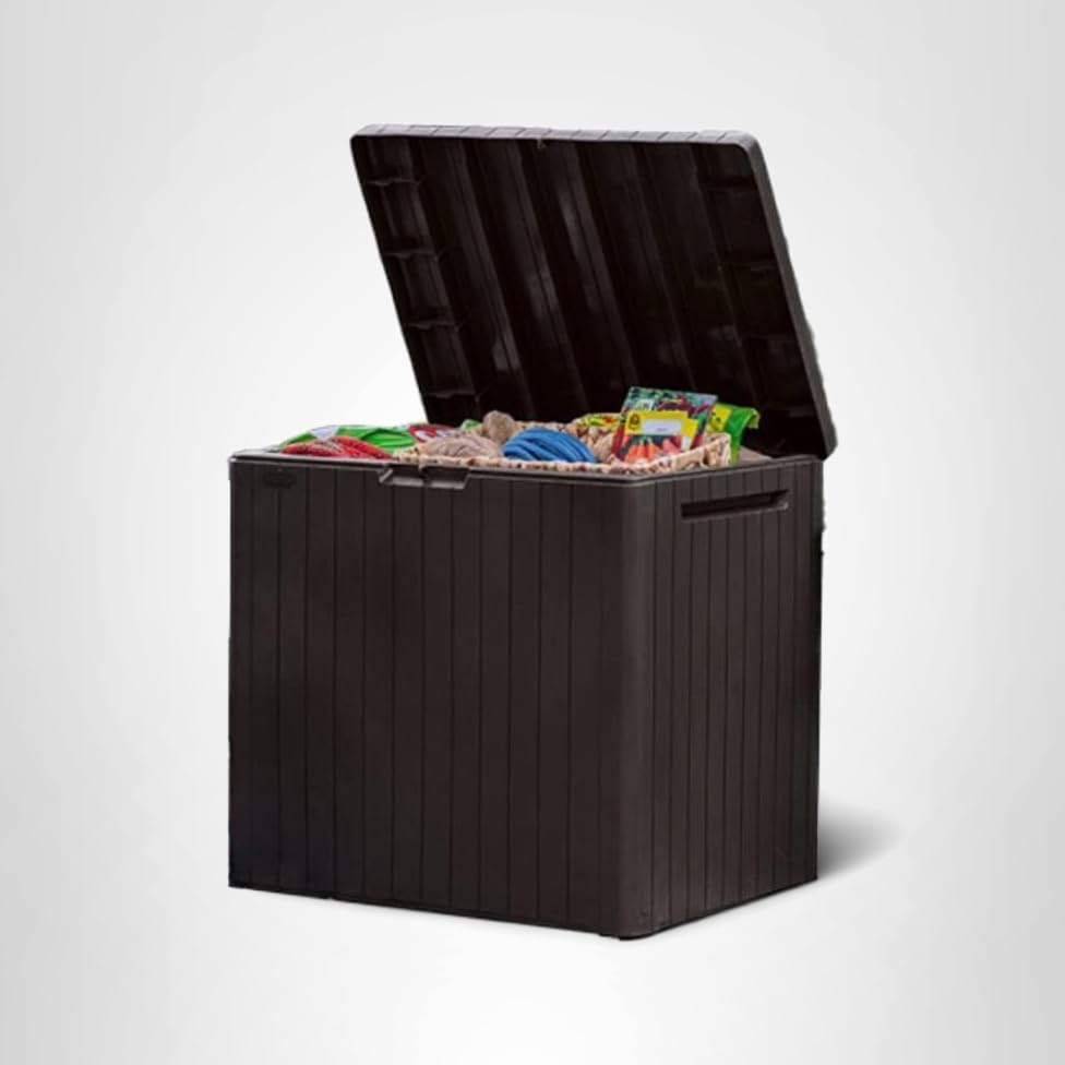 Keter City 30 Gallon Resin Outdoor Storage Box and Patio Furniture Side Table for Pool and Garden Accessories, Brown