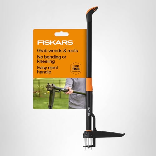 Fiskars Stand-Up Weed Puller Tool, 4 Serrated Stainless Steel Claws Grip Roots for Permanent Removal, Reinforced Foot Platform Penetrates Tough Soil, Easy-Eject & Ergonomic Offset Handle, 39"