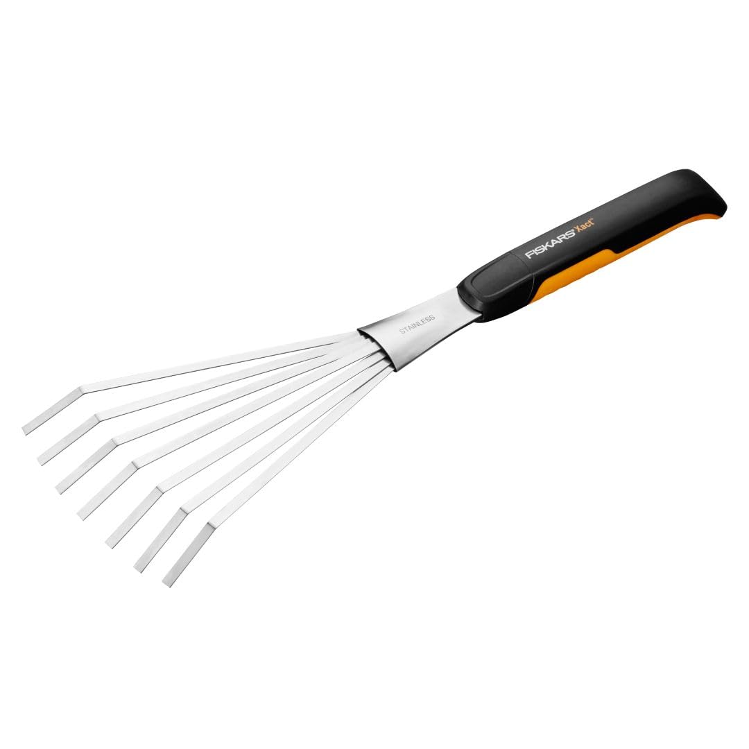 Fiskars Xact Hand Rake, Heavy Duty Gardening Hand Tool with Ergonomic Handle and Hanging Hole for Storage, Stainless Steel Head and Tines, Perfect for Maintaining a Raised Garden Bed