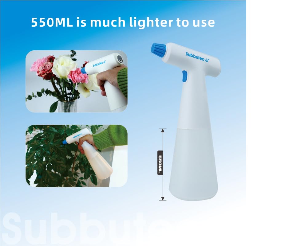 Subbuteo Electric Plant Mister Spray Bottle, 0.55L USB Rechargeable Auto Sprayer, Adjustable Fine Mist Nozzle for Indoor Plants, Hair Styling & Home Cleaning