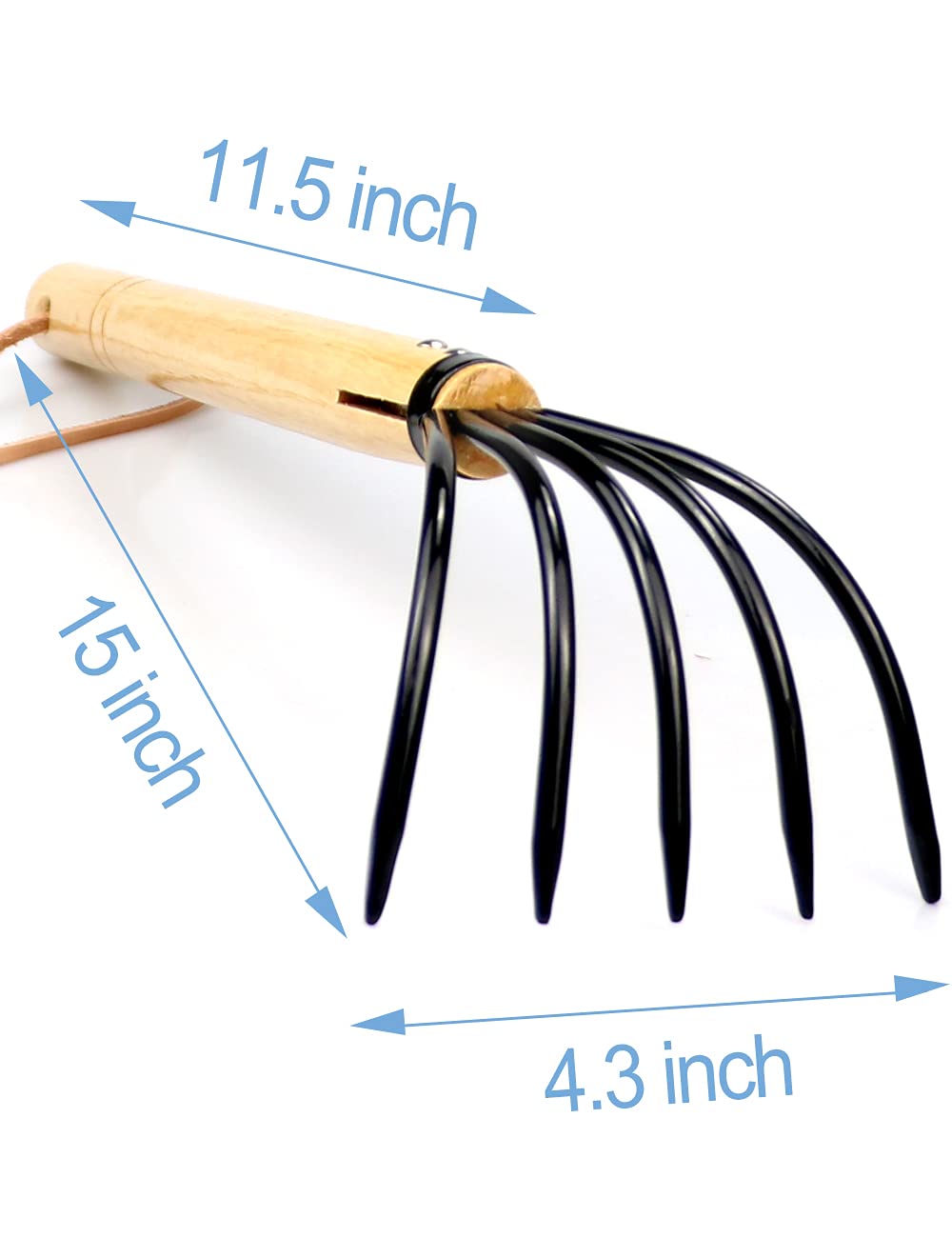 15" Gardeners Claw Rake | Military Grade Steel 6 Tines and Prime Wood Japanese Ninja Claw Garden Rake or Cultivator for Perfect Pulverized and Aerated Soil, Ergonomic Wooden Handle for Firm Grip