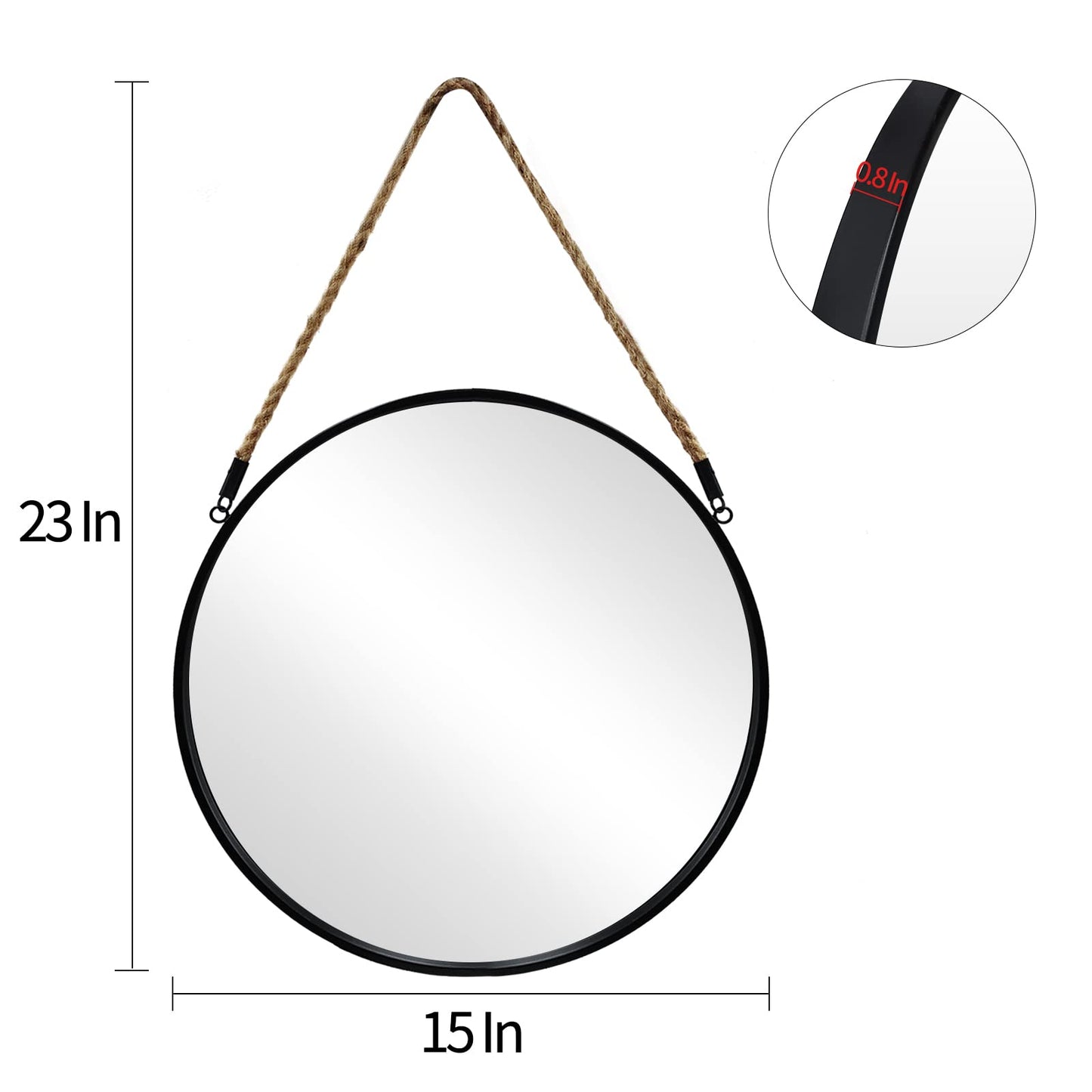 POZINO Round Mirror, 15" Rope Hanging Mirror, Farmhouse Circle Mirrors, Black Metal Frame Wall Mirrors for Bathroom, Bedroom, Living Room, Entryway, Fireplace, Home Decor