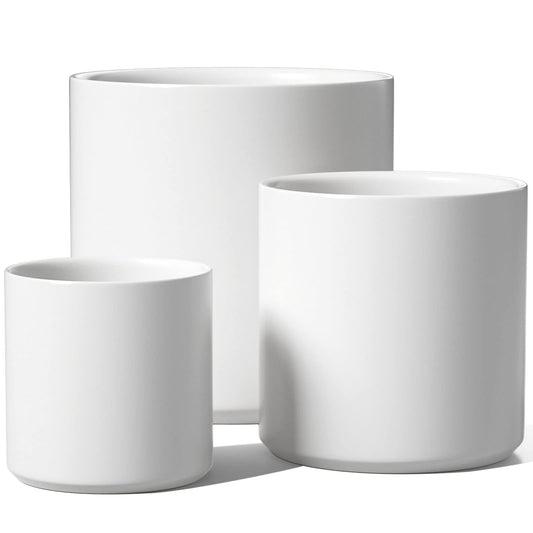 LE TAUCI Ceramic Pots for Plants, 10/8/6 Inch Indoor Planters with Draiange Hole, Silicone Plug & Mesh Pad, Modern Minimalist Pots for Home Office, Set of 3, Satin, White