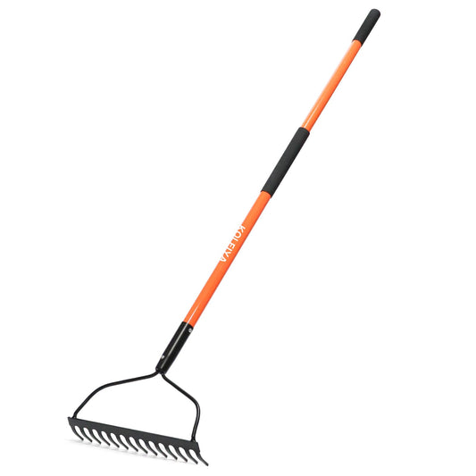 KOLEIYA Garden Rake Heavy Duty, 14-Tine Bow Rake with 57" Fiberglass Handle, for Soil Leveling, Lawn Care, Mulch Spreading, Leaf and Debris Cleanup