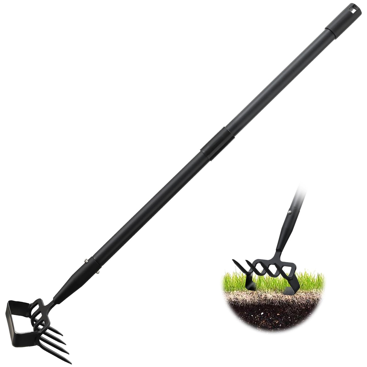 Garden Hoe, 4 Tines Hand Weeding Hoe Garden Tool and Cultivator Long Handle 62", Action Stirrup Scuffle Field Digging Hoe Heavy Duty for Lawn Gardening Weed