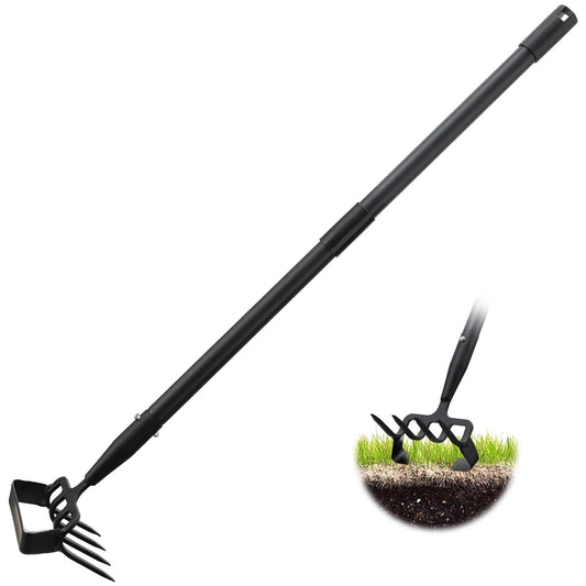 Garden Hoe, 4 Tines Hand Weeding Hoe Garden Tool and Cultivator Long Handle 62", Action Stirrup Scuffle Field Digging Hoe Heavy Duty for Lawn Gardening Weed