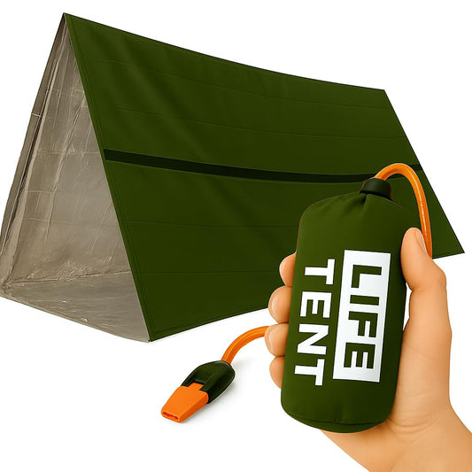 FRAINEL Pocket Emergency Survival Tent. Snow Life Thermal Shelter. Tube Tarp. Army Green Tough Guy Style. Storage Bag with Whistle and Paracord. for Camping, Hiking, Outdoor, Vehicle First Aid Kit