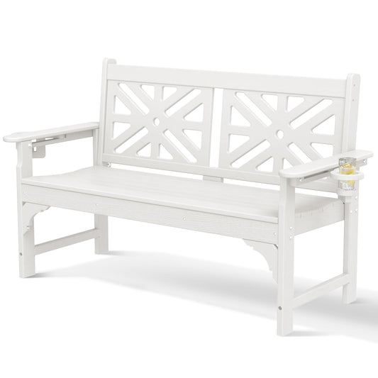 LOENIY Oversized Outdoor Bench with Cup Holders, 51.5” HDPE Aesthetic Garden Bench for 2 Person, Memorial Benches - Easy Assembly & All Weather, for Porch & Patio, 800lbs Load Capacity (White, 1pc)