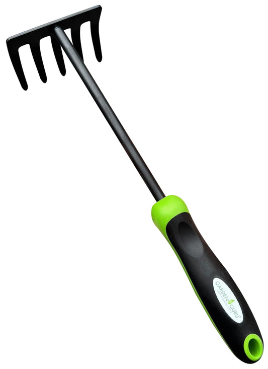 Garden Guru Hand Rake Cultivator Tiller Tool – Strong Carbon Steel for Ultimate Strength - Rust Resistant – Ergonomic Handle – Great for Gardening Cultivating Loosening Weeding Mulching Soil Prep