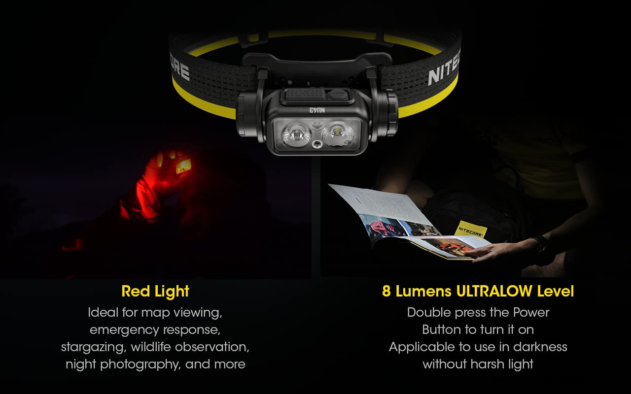 Nitecore NU43 Rechargeable Headlamp, 1400 lumens USB-C Bright Lightweight for Camping, Running, or Working, with Spotlight, Floodlight, Red Light, Including NitecoreS Sticker