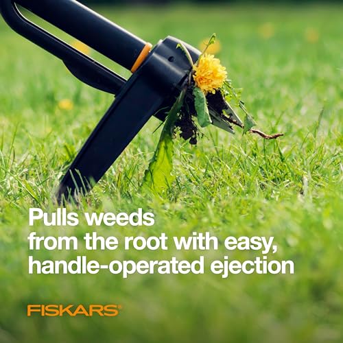 Fiskars Stand-Up Weed Puller Tool, 4 Serrated Stainless Steel Claws Grip Roots for Permanent Removal, Reinforced Foot Platform Penetrates Tough Soil, Easy-Eject & Ergonomic Offset Handle, 39"