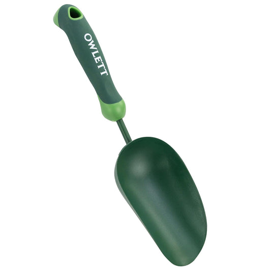 Owlett Garden Scoop, 13" Soil Scoop with Ergonomic Rubber Handle, Carbon Steel Potting Shovel Big Volume Gardening Spoon for Transplanting, Digging, Cultivation, Composting, Planting