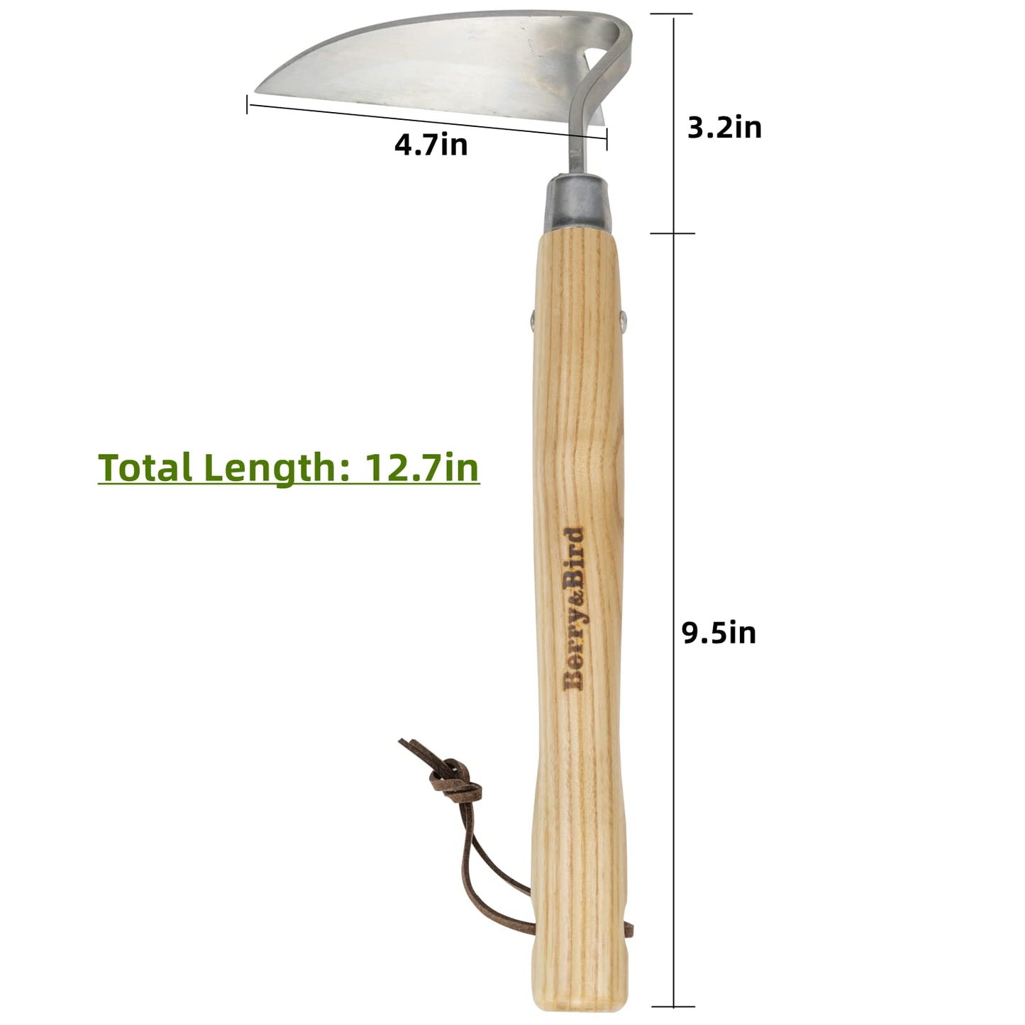 Berry&Bird Stainless Steel Bent Angle Gardening Sickle, Weed Scraper-Hoe with Ergonomic Ash Wood Handle, 12.67-Inch Blade for Weeding & Soil Loosening