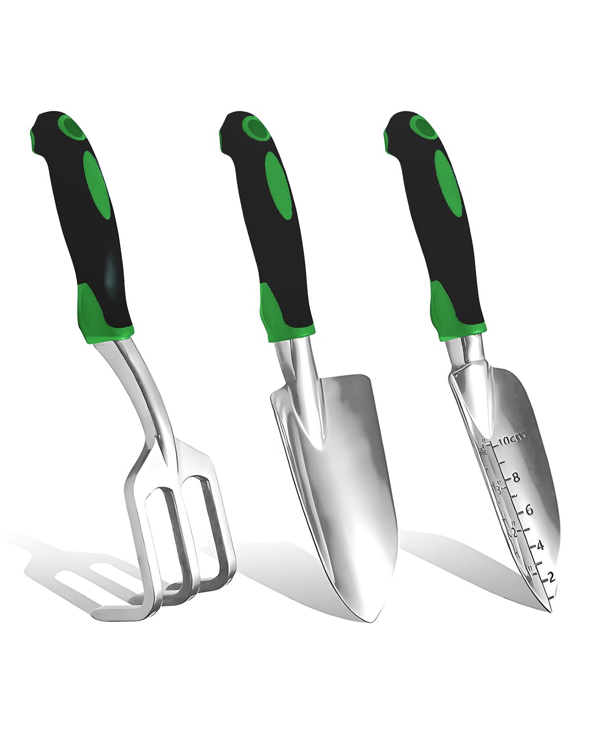 Garden Tools, Heavy Duty Cast-Aluminum Garden Tool Set with Hand Trowel, Transplant Trowel, Cultivator Rake, Soft Rubber Ergonomic Non-Slip Handle, Gardening for Home Gardeners (Basic Set (3 PCS))