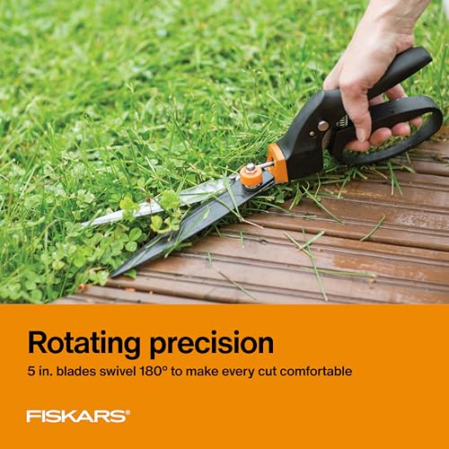 Fiskars Garden Swivel Grass Shears, Rotating Blades for Precise Lawn Edging, Spring-Action Handle, 5", Black/Orange