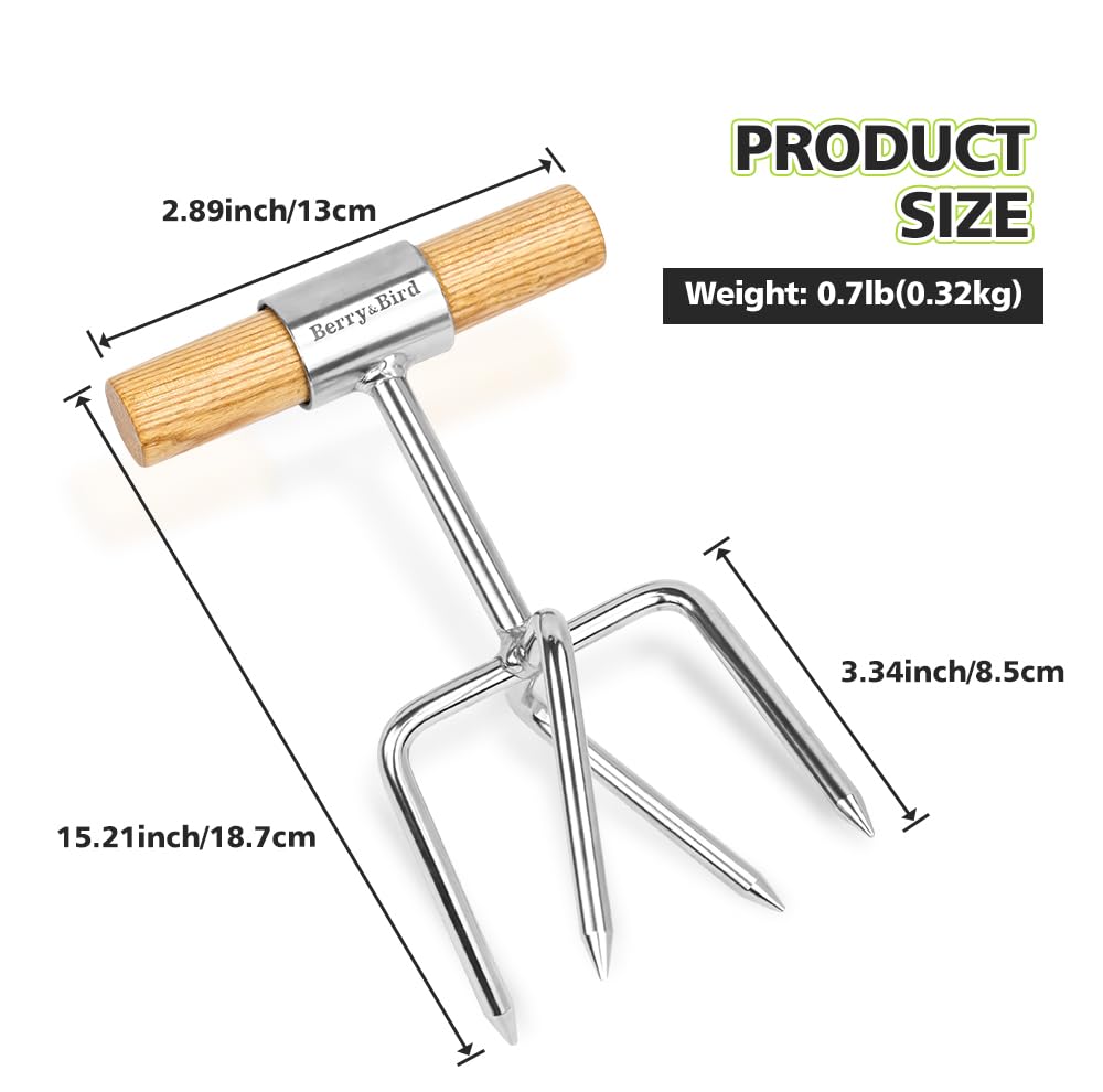 Berry&Bird Twist Tiller - 4 Stainless Steel Tines Hand Tiller for Aerating, Loosening Soil and Removing Weed, Garden Cultivator Tiller with Wooden Handle, Perfect for Raised Beds, Borders & Containers