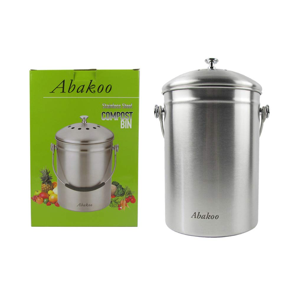Abakoo 1.6 Gallon Compost Bin Indoor Countertop Kitchen Composter 304 Stainless Steel Waste Pail Kitchen Bin Pail - Includes 4 Filters
