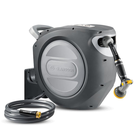 GLAHODEN Retractable Garden Hose Reel 5/8 in x 100 ft Metal Bracket, 2025 Upgraded Dual Ratchet Lock UV & Freeze Protection Brass Seal Slow Retraction Anti-Tangle Hose 180°Swivel