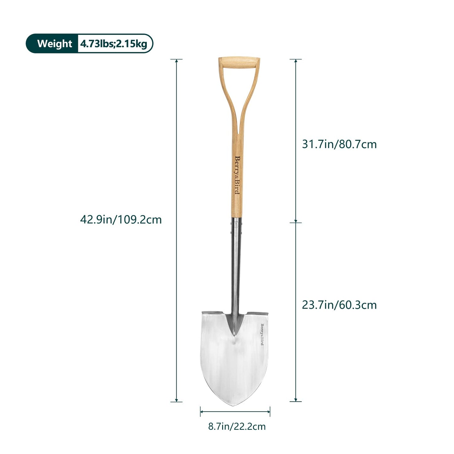 Berry&Bird Shovels for Digging, 43’’ Round Spade Heavy Duty Shovel with Wooden D Handle Stainless Steel Snow Shovel Garden Shovel Yard for Transplanting & Outdoor