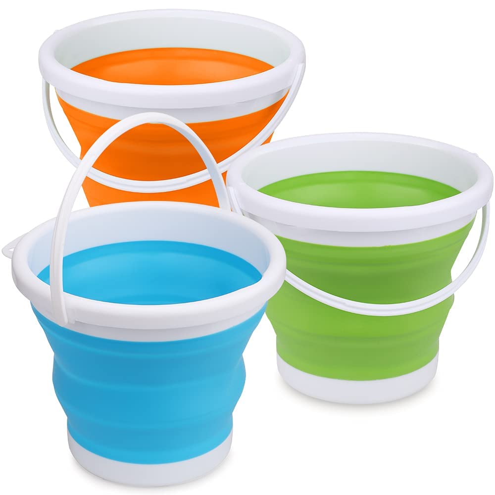 Silicone Beach Foldable Buckets Toys Halloween Bucket, 3L Jumbo Sand Pails Bucket Set with Mesh Bag, Swimming Pool Toys for Kids Adults, Gift Set for Gardening, Travel, Fishing, Cleaning, Camping