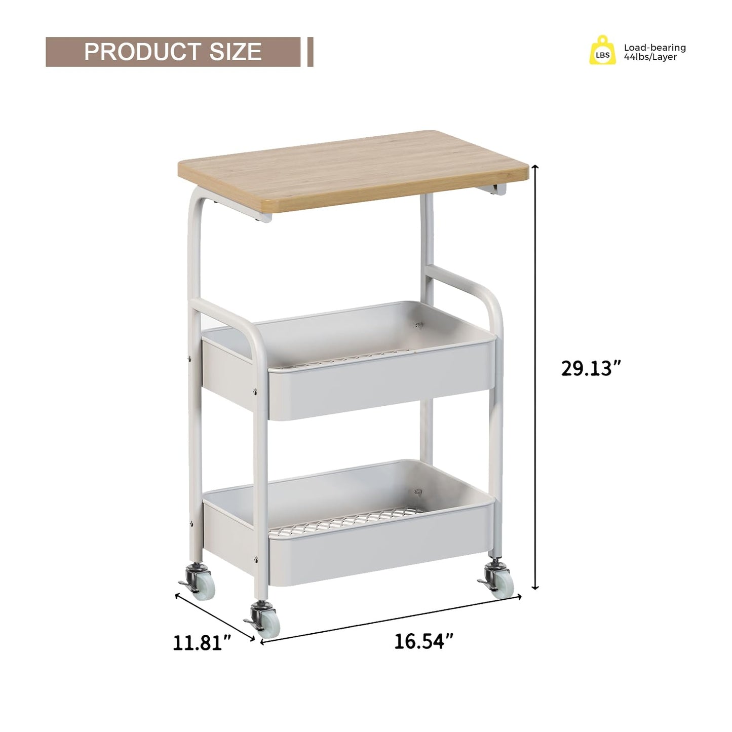 ULIKEUS Rolling Cart with Wooden Tabletop 3-Tier Metal Utility Rolling Cart Storage Organizer with Lockable Wheels for Kitchen, Office, Bedroom