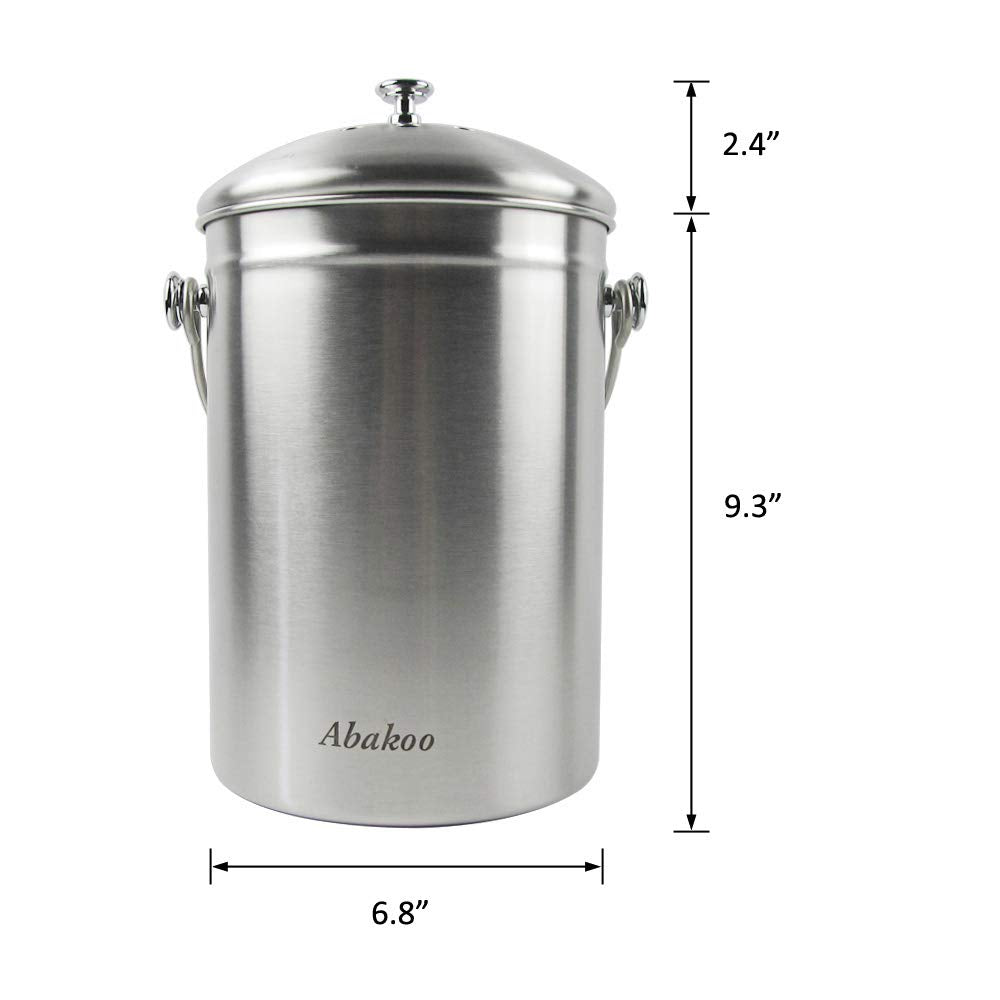 Abakoo 1.6 Gallon Compost Bin Indoor Countertop Kitchen Composter 304 Stainless Steel Waste Pail Kitchen Bin Pail - Includes 4 Filters
