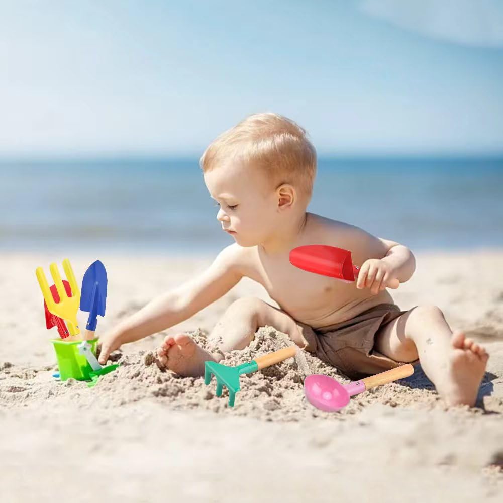 UMUACCAN Beach Toys for Kids,Beach Sand Toys, 8'' Metal Sandbox Toys with Sturdy Wooden Handle,Safe Beach Gardening Set,Spoon, Fork, Trowel, Rake & Shovel for Kids，Snow Shovel（6 pcs）