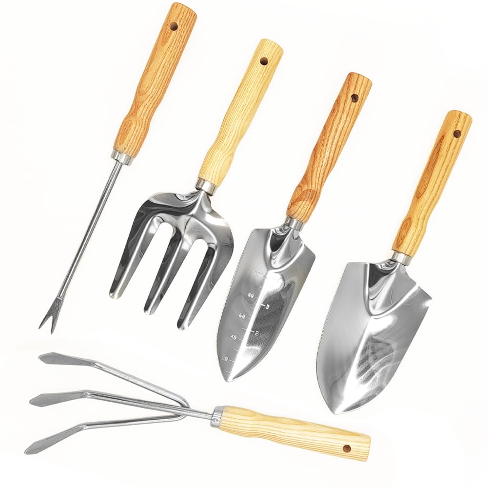 Garden Tool Set, 5 Piece Stainless Steel Gardening Hand Tools Including Graduation Shovel, Hand Rake, Transplanter, Trowel, Hand Cultivator