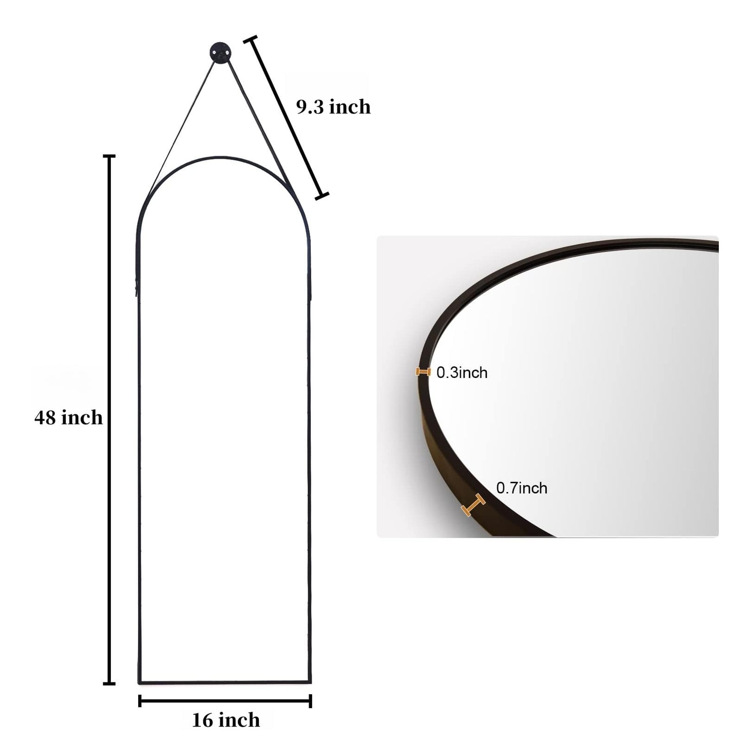 Dewfig 16"x48" Hanging Mirror with Leather Strap,Arched Full Length Mirror with Aluminum Frame Wall-Mounted Hanging Mirrors for Bathroom Vanity Living Room Bedroom Entryway Décor, Black