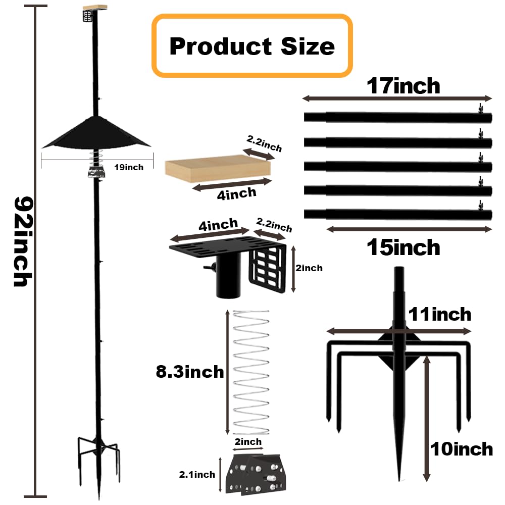 Smart Bird Feeder Pole with Metal Squirrel Baffle,92Inches Bird House Poles for Outdoors,1-Inch Dia Heavy-Duty Pole for Bird Feeder,Squirrel Proof Baffle with Stainless Steel Spring for Defense.