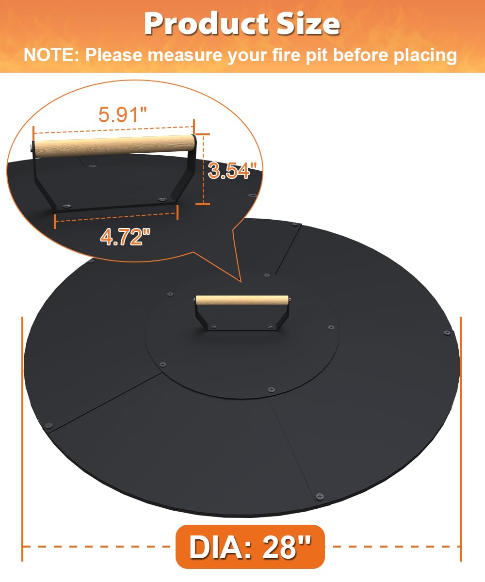 Ardier 28" Wooden-Handle Fire Pit Lid for Pits up to 26", Round Metal Bonfire Pit Burner Pan Cover, Smokeless Fire Pit Cover for Fire Tables, All-Weather Resistance Outdoor Firepit Accessory
