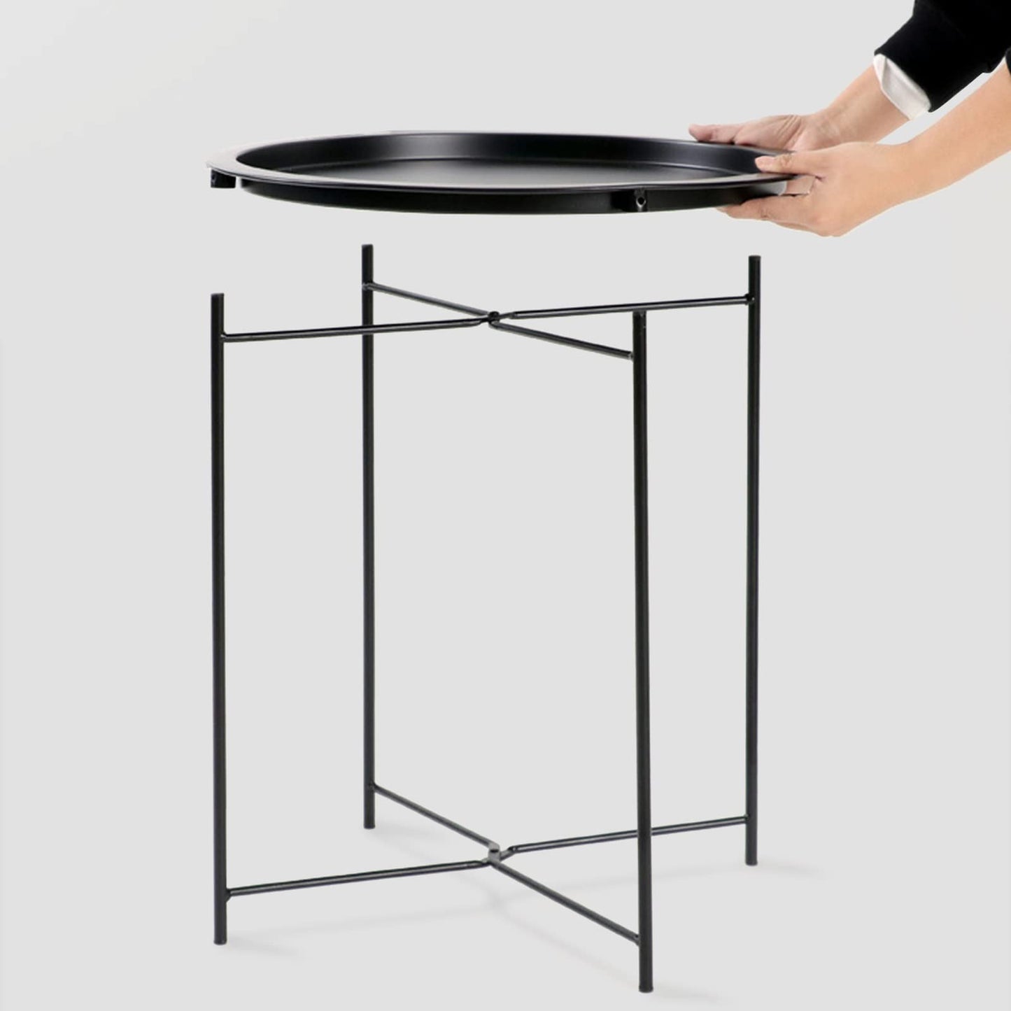 Garden 4 you End Table Metal Side Table Black Round Folding Tray Cyan Sofa Small Accent Fold-able Table, Round End Table Tray, Next to Sofa Table, Snack Table for Living Room and Bed Room