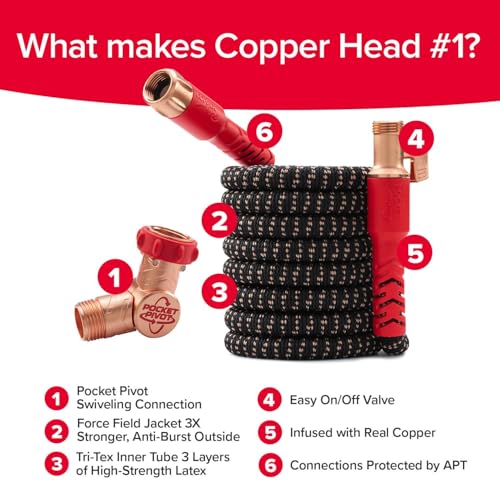 Pocket Hose 100 FT Copper Head Expandable Garden Hose with Pocket Pivot, No Tangles, AS SEEN ON TV, 360° Swivel, Tri-Tex Tubing, Force Field Jacket, Lead-Free, No-Kink, Anti-Burst w/APT