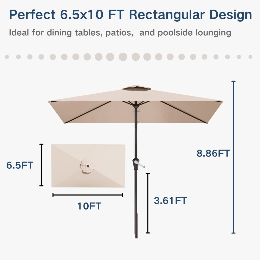Patio Kingdom 6.5' x 10' Rectangular Patio Umbrella Large Outdoor Market Umbrella w/UV Protection, Push Button Tilt and Crank Lift, Rectangle Table Umbrella for Garden, Deck, Pool, Patio, Beige