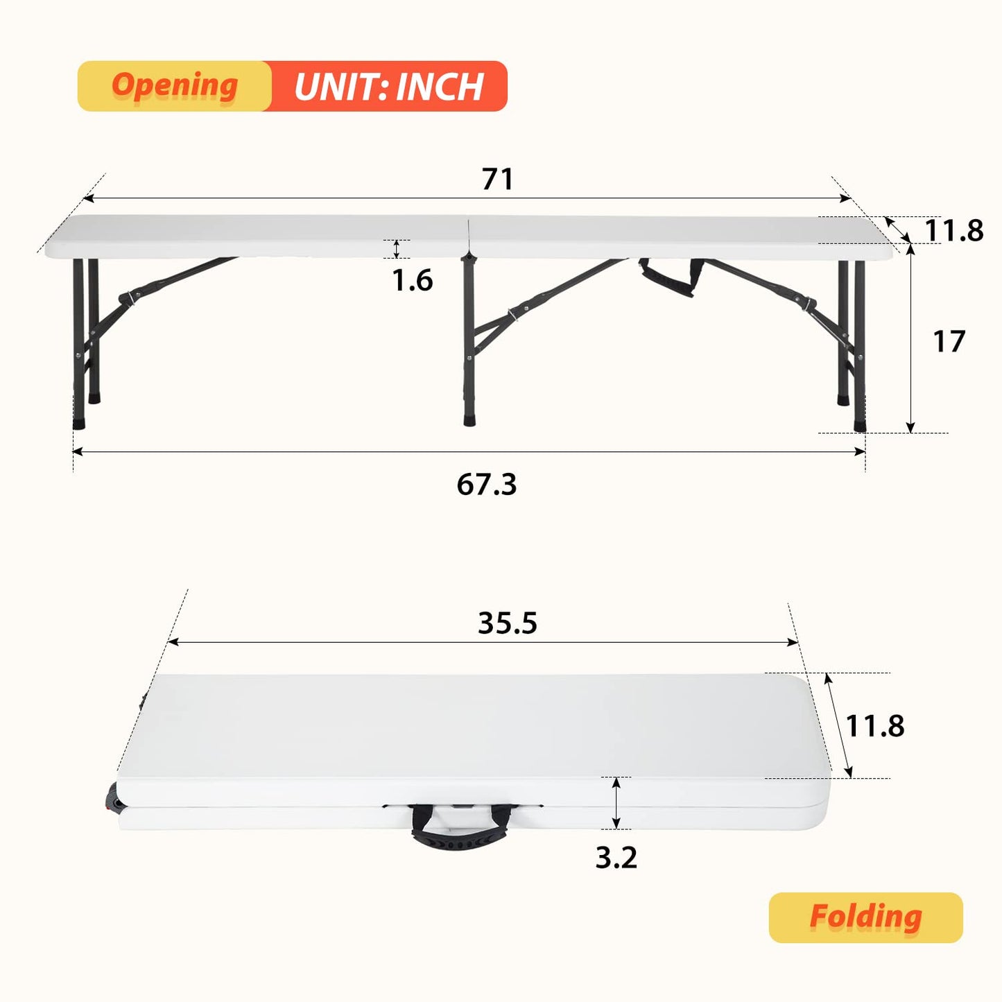 6FT Bench Chair Plastic Folding Bench Plastic Portable Outdoor Bench Garden Bench with Carrying Handle and Lock for Camping Picnic Party Dining 2 Pack White
