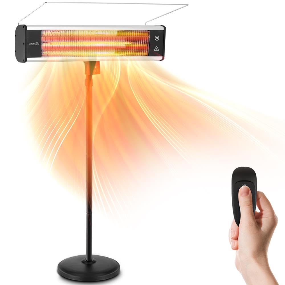SereneLife Infrared Patio Heater, Electric Patio Heater for Indoor/Outdoor Use, Portable Stand Heater with Remote Control, 1500 W, for Restaurant, Patio, Backyard, Garage, Decks (Black)